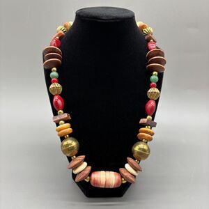 Vintage Boho Statement Necklace Brass Bone Horn Wood Stone Beads 1970s Tribal